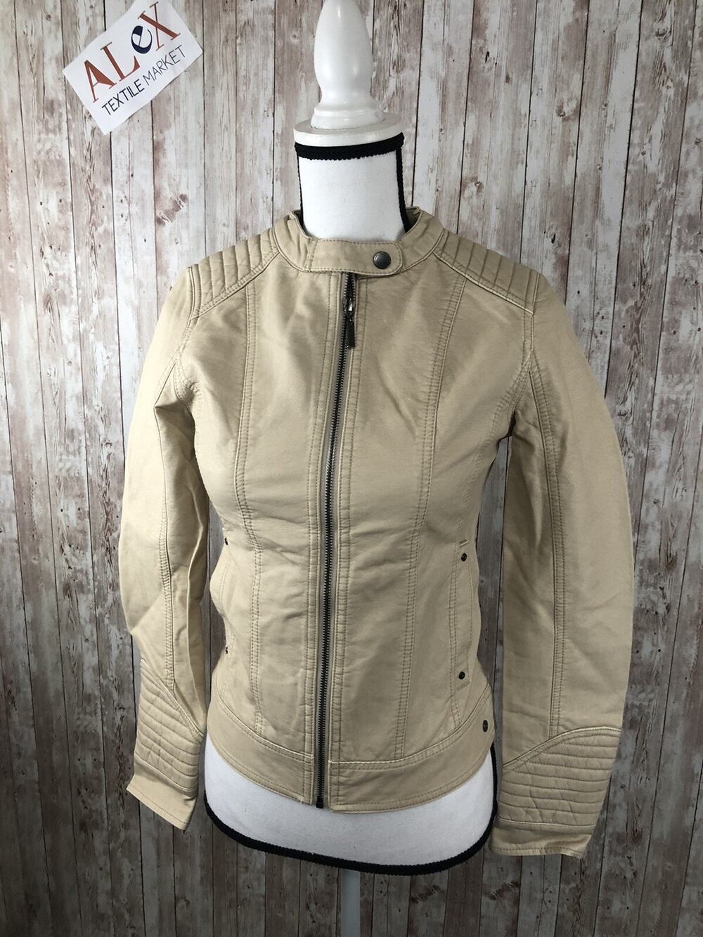 Bonobo Jacket Womens XS Syntethic Leather Coat Beige Full Zip Motorcycle N219